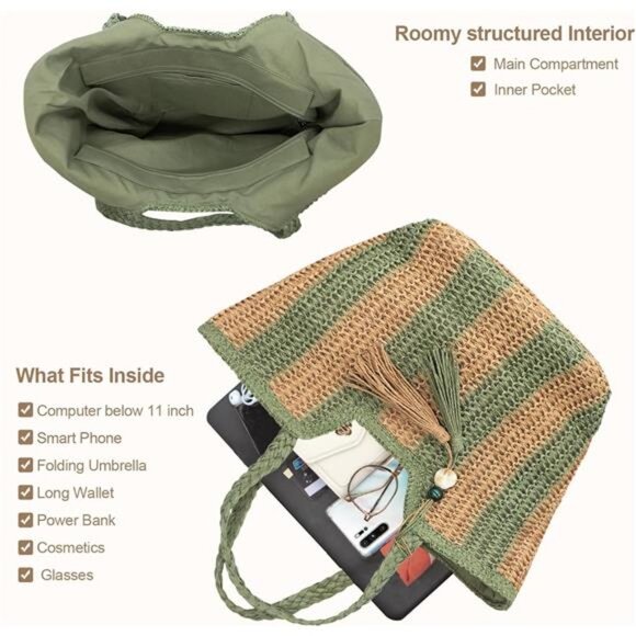 Women Straw Beach Bag Large Khaki Green - Picture 4 of 7